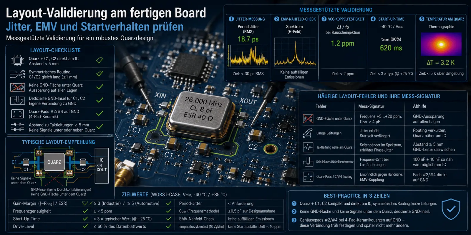 Validación del diseño en la placa acabada: comprobación de la fluctuación de fase, la compatibilidad electromagnética y el comportamiento de arranque.